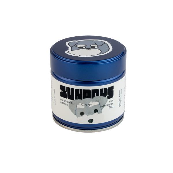 Schnau Matcha tin by xundays with a schnauzer illustration – Okumidori matcha powder