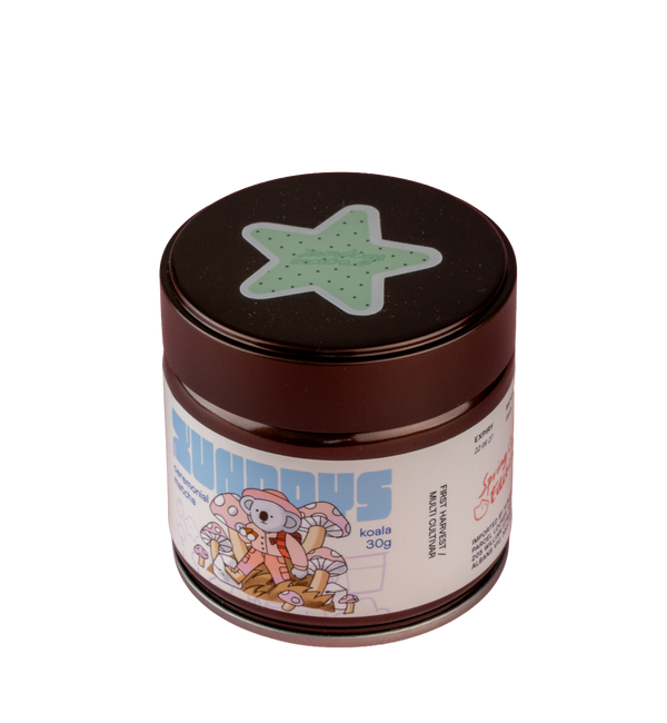 Koala Matcha tin by xundays with a mint star lid and illustrated label