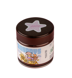 Koinu Matcha tin by xundays with a lilac star lid and illustrated label