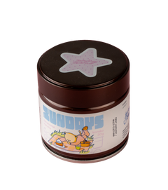 Koneko Matcha tin by xundays with a lilac star lid and illustrated label