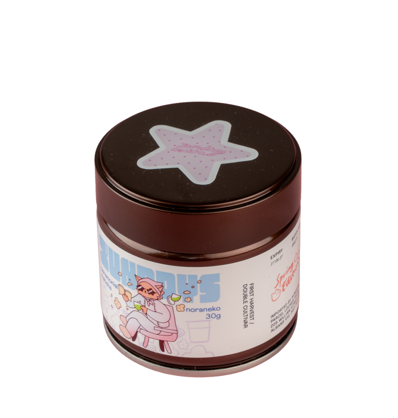 Noraneko Matcha tin by xundays with a lilac star lid and illustrated label