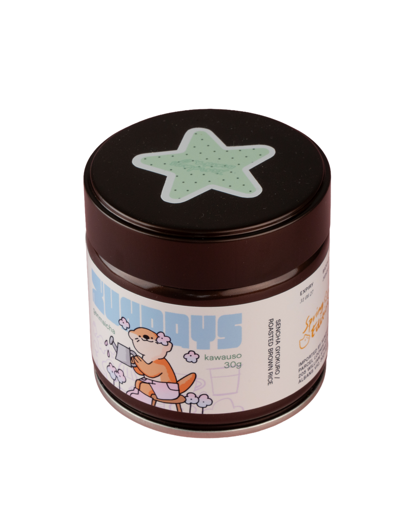 Kawauso Genmaicha Blend tin by xundays with a mint star lid and illustrated label