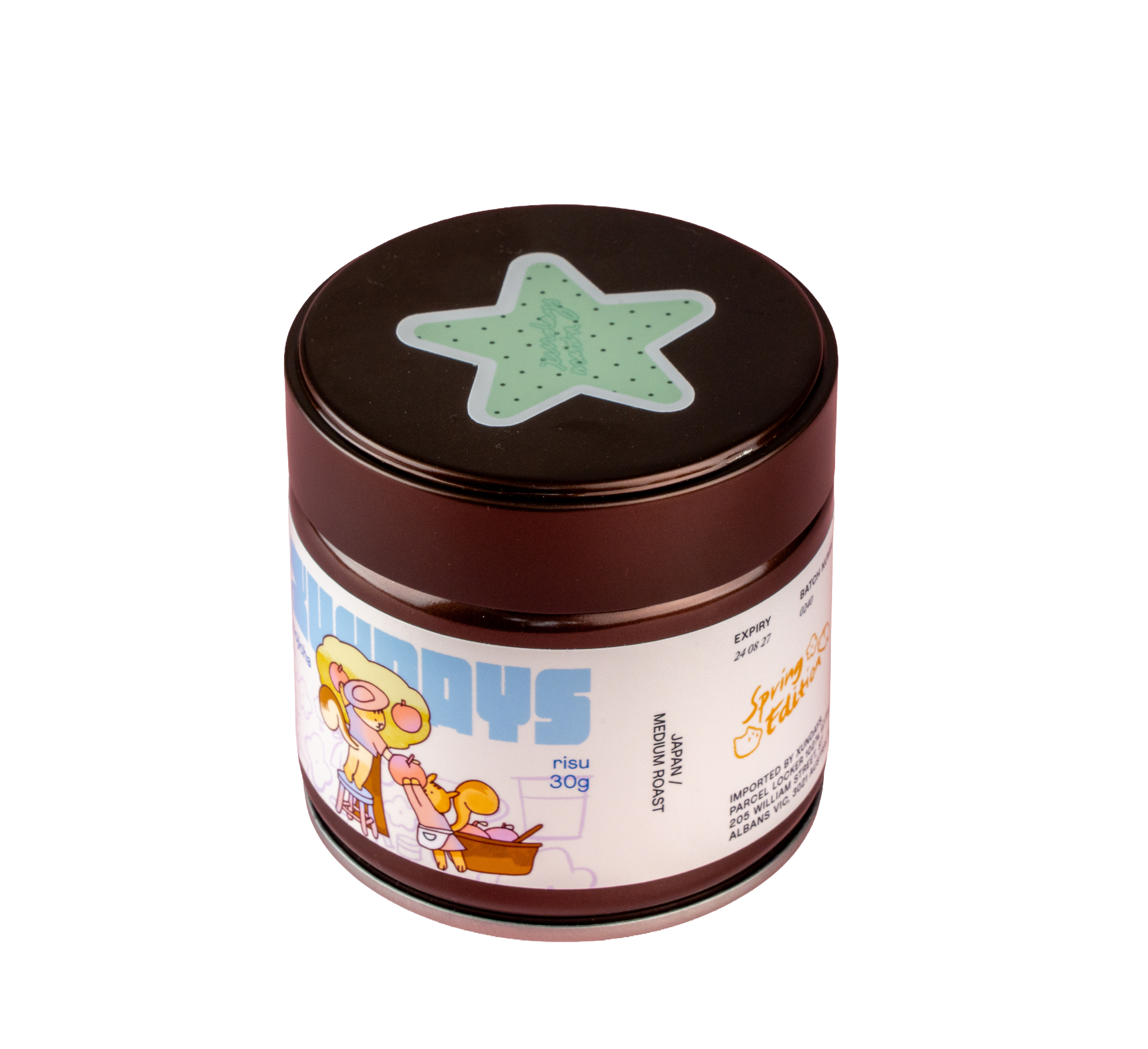 Risu Mid Roast Hojicha tin by xundays with a mint star lid and illustrated label